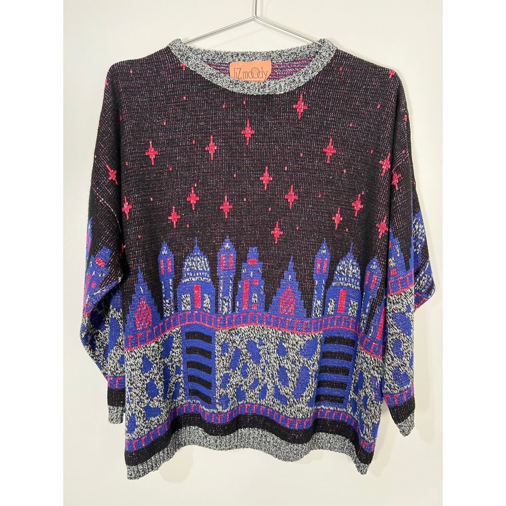Liz Moody Vintage Cityscape Metallic Knit Sweater Stars City Graphic Oversized